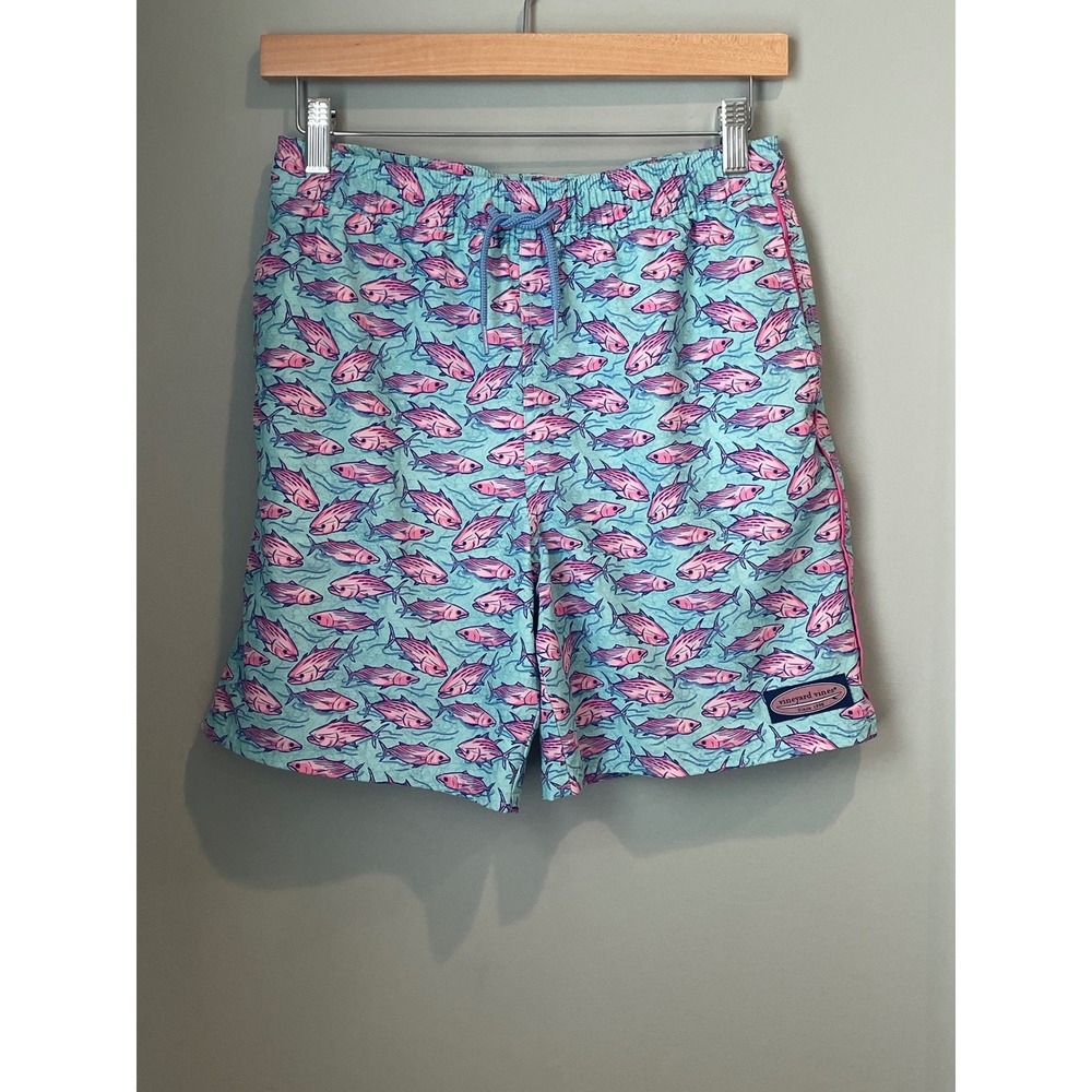 Vineyard Vines Kids Blue Pink Tuna Fish Print Swim Trunks Board Shorts Size L
